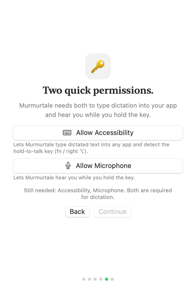 Murmurtale asking for required Mac permissions.